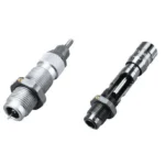 RCBS MatchMaster Competition Full-Length Bushing Die Set, angled view of two silver and black dies