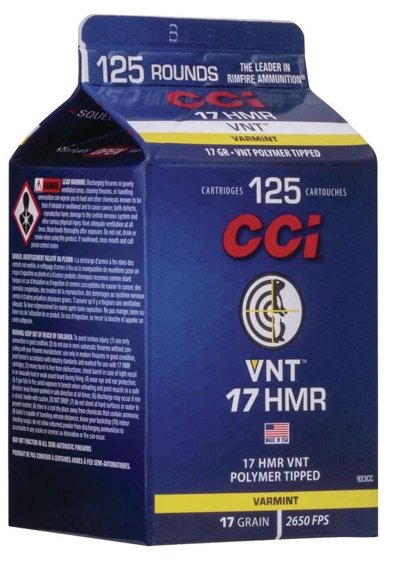 primary-33209 CCI Varmint Rimfire Ammunition blue and yellow box shown from front and left side