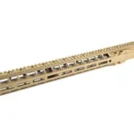 Radian Upper, FDE upper with long ventilated handguard and top rail, angled side view