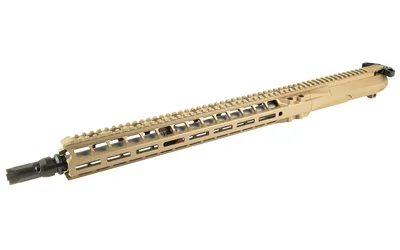 Radian Upper, FDE upper with long ventilated handguard and top rail, angled side view