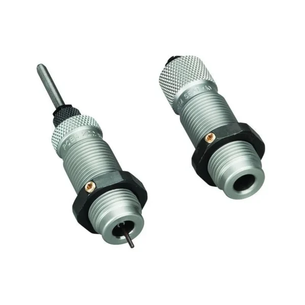 RCBS Full Length Rifle Die Set Group A, two silver and black reloading dies at angled views