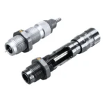 RCBS Matchmaster Competition die set, two silver and black threaded dies in angled view