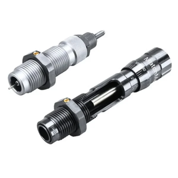 RCBS Matchmaster Competition die set, two silver and black threaded dies in angled view