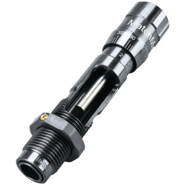 RCBS Matchmaster Competition Seating Die, black metal die shown at an angle with threaded base