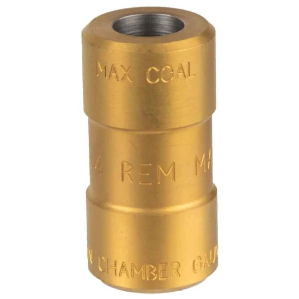 RCBS Chamber Case Length Gauge .44 Magnum, upright gold-tone cylindrical gauge with engraved text