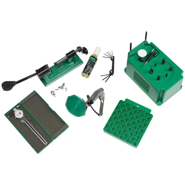 RCBS Case Prep Kit, green tools, trays and accessories arranged in top view
