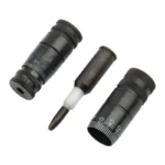 RCBS Precision Micrometer 6.5mm PRC, black micrometer components and tool arranged on white