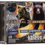 Federal Solid Core Handgun Ammunition, black wildlife-themed ammunition box in front view