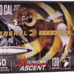 Federal Terminal Ascent bullet, upright beside black retail box with gold and red graphics