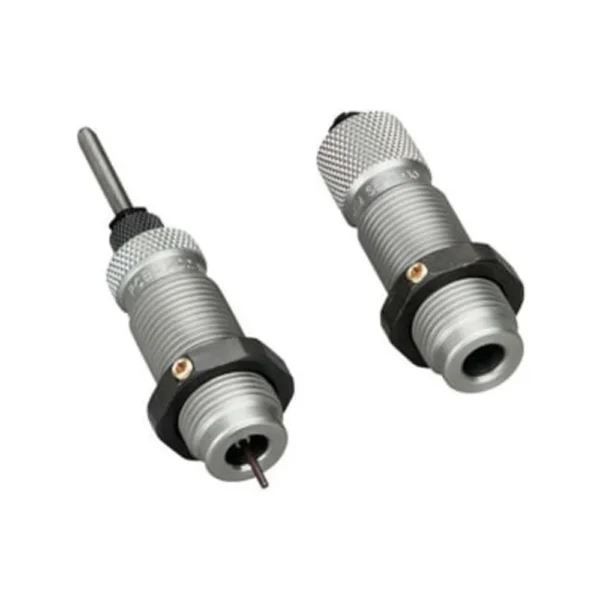 RCBS 2-Die Full-Length Die Set silver dies with black locking rings, angled view