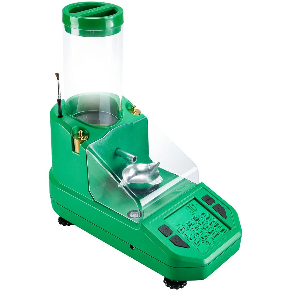 primary-33325 RCBS Chargemaster Supreme Powder Dispenser green dispenser, angled front view with clear hopper