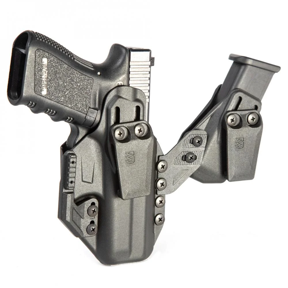 primary-33330 Blackhawk Stache IWB holster, black angled view with pistol and separate carrier attached