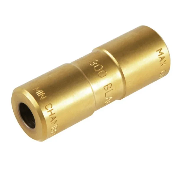 RCBS Chamber Case Length Gauge brass cylindrical gauge in angled view with engraved markings