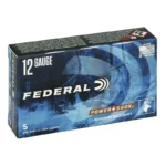 Federal Power-Shok Buckshot blue ammunition box, angled front view with Federal branding