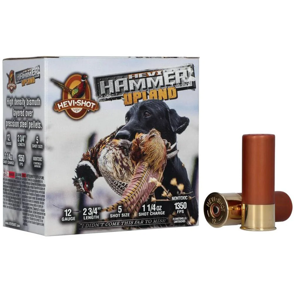 primary-33390 Environ Metal Inc HEVI-Shot Hevi-Hammer Upland Shotshell, box front with three red shells