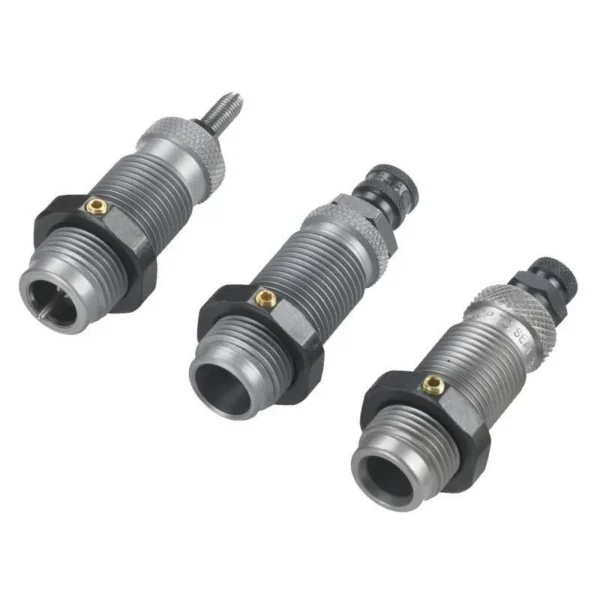 RCBS 3-Die Carbide Taper Crimp Set, three silver and black threaded dies arranged diagonally