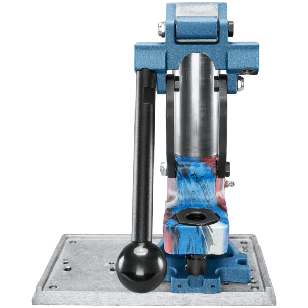 RCBS Exclusive Freedom Camo Summit single stage press, front view in blue with lever and camo base