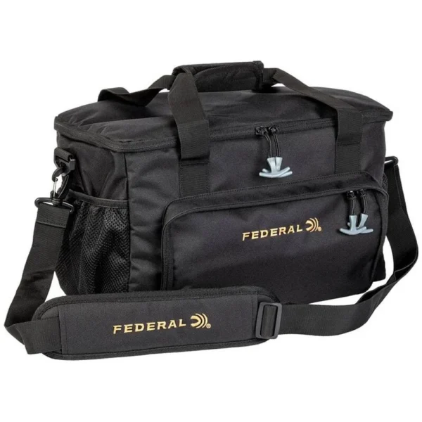 Federal Top Gun Range Bag, black front view with handles, shoulder strap and zippered pockets