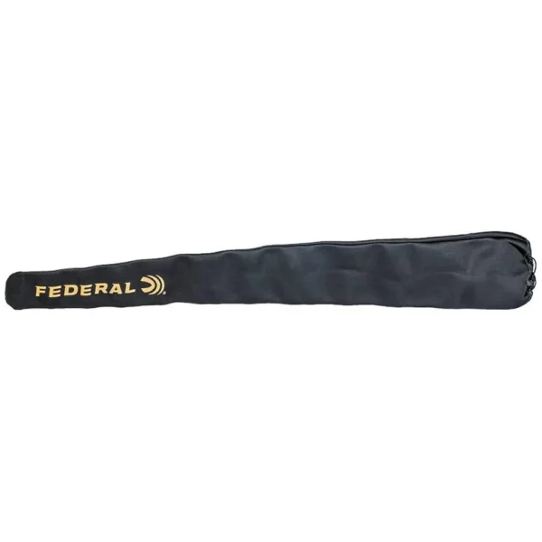 Federal Neoprene Gun Sleeve, black side view with gold logo and tapered zippered end