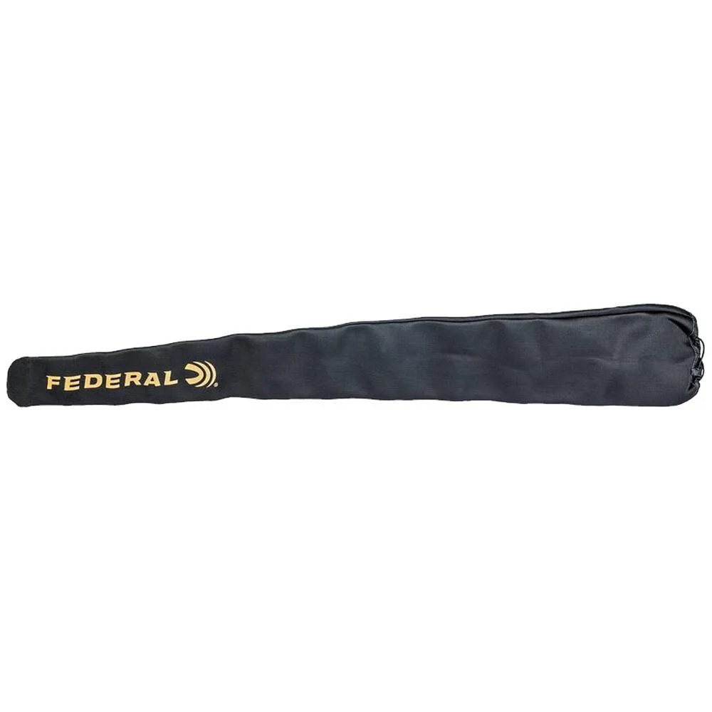 primary-33490 Federal Neoprene Gun Sleeve, black side view with gold logo and tapered zippered end