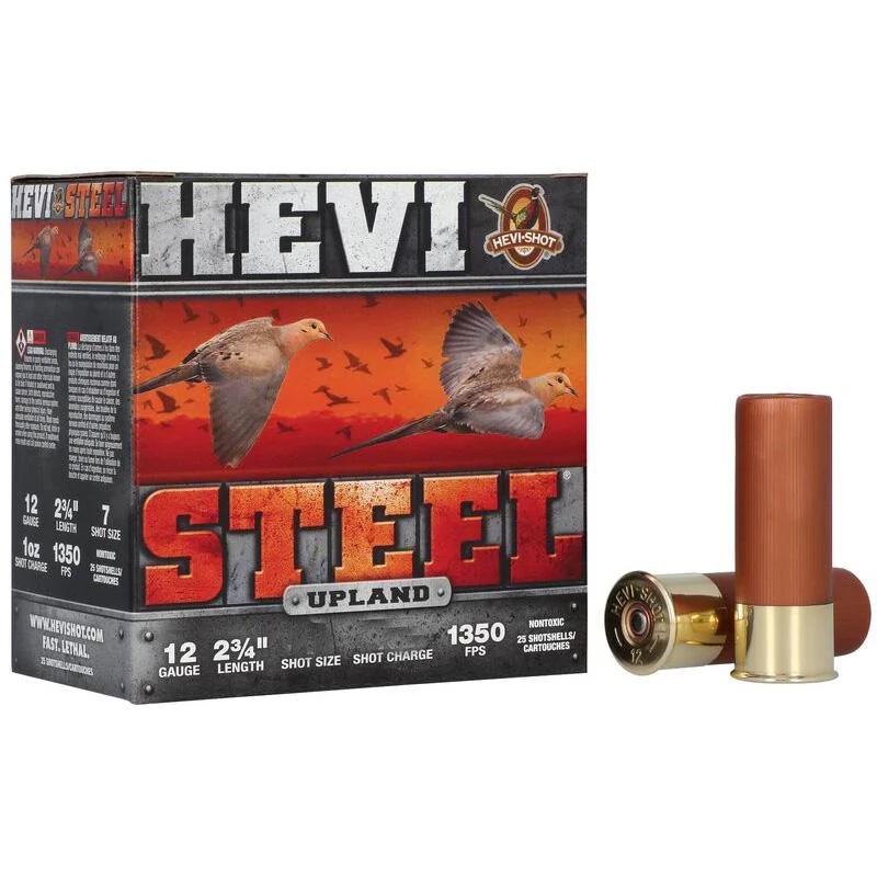 primary-33521 Environ Metal Inc HEVI-Shot Hevi-Steel Upland shotshells beside red and black box