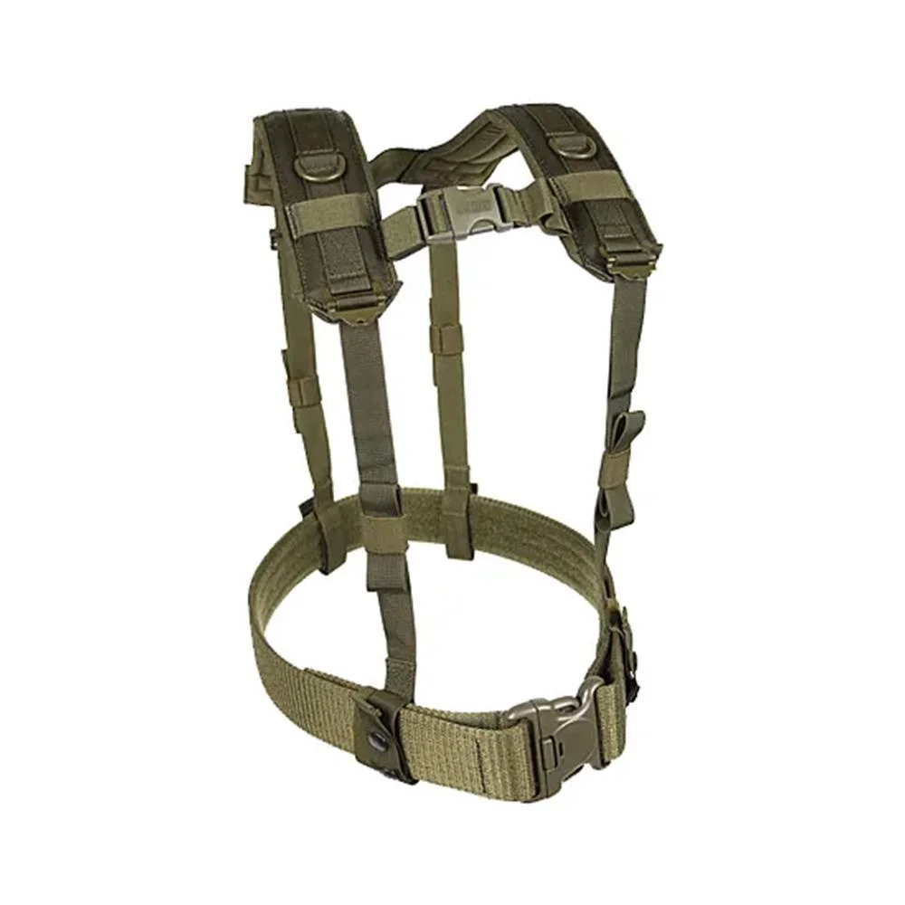 primary-33530 Blackhawk Load Bearing Suspenders Harness, OD green front view with straps, buckles and padded shoulders