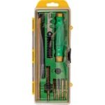 Remington Premier AR/Tactical Cleaning Kit, front view in clear plastic case with green tools