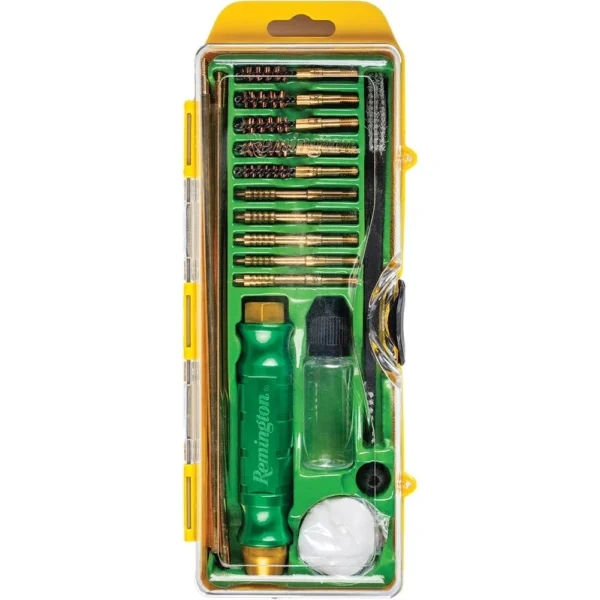 Remington Premier Universal Rifle Cleaning Kit in green and yellow clear-front case