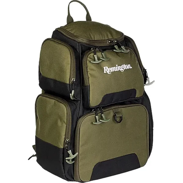 Remington Gun Club Range Pack, OD green angled front view with zippered pockets and carry handle