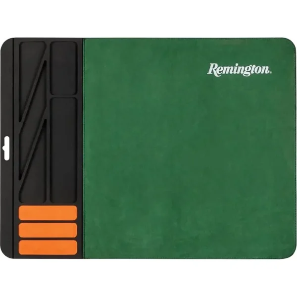 Remington Cleaning Mat, top view of green and black mat with orange accents and Remington logo