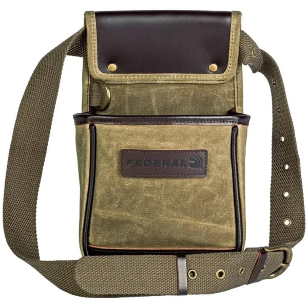 Federal Premium Shell Pouch in OD green, front view with shoulder strap, flap and outer pocket