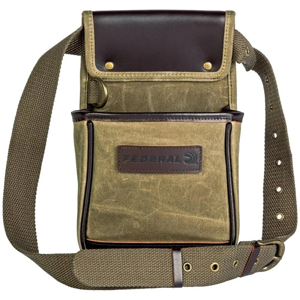 primary-33579 Federal Premium Shell Pouch in OD green, front view with shoulder strap, flap and outer pocket