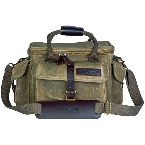 Federal Premium Range Bag, OD green front view with handles, shoulder strap and exterior pockets