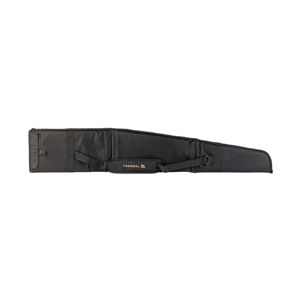 Remington Tri-Fold Scoped Rifle Case, black side view with buckle, straps and padded sections