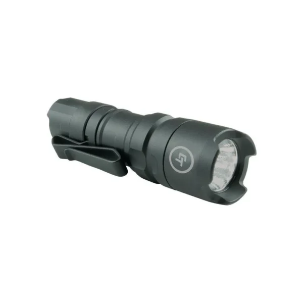Crimson Trace CWL-300 black handheld tactical light, angled front view with lens and pocket clip