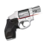 Crimson Trace Revolver Lasergrip, black grip mounted on a silver revolver with red laser beam visible