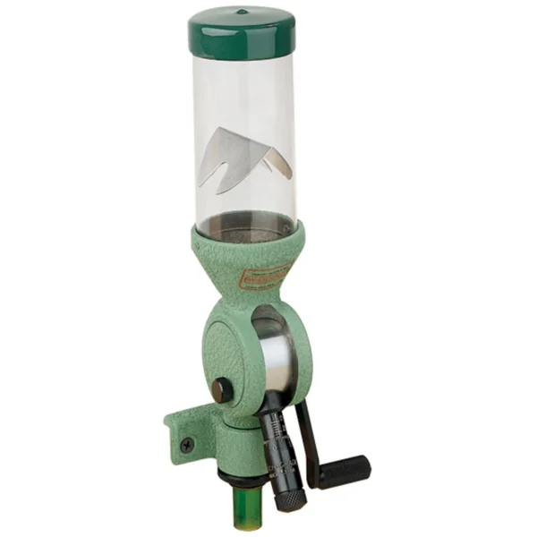 Redding Match-Grade Model 3BR powder measure, green body with clear hopper and black crank