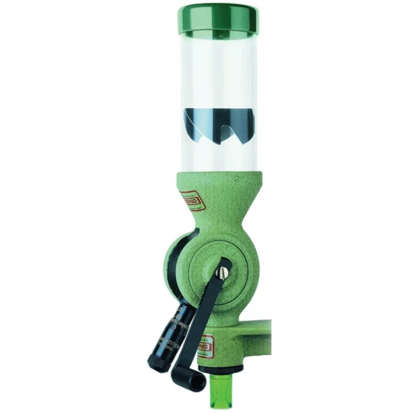 Redding Competition Model 10X Powder Measure, green front view with clear hopper and black handle