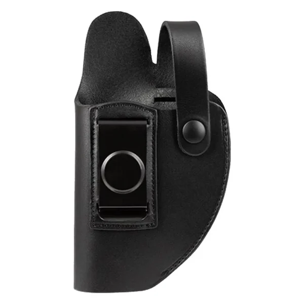 Stealth Operator OWB IWB Leather Holster, black left-hand holster with belt clip and snap strap