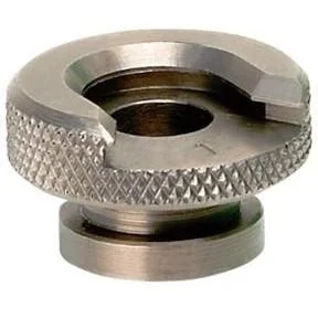 Redding E-Z Feed Shell Holder #15, angled view of silver knurled holder with open slot
