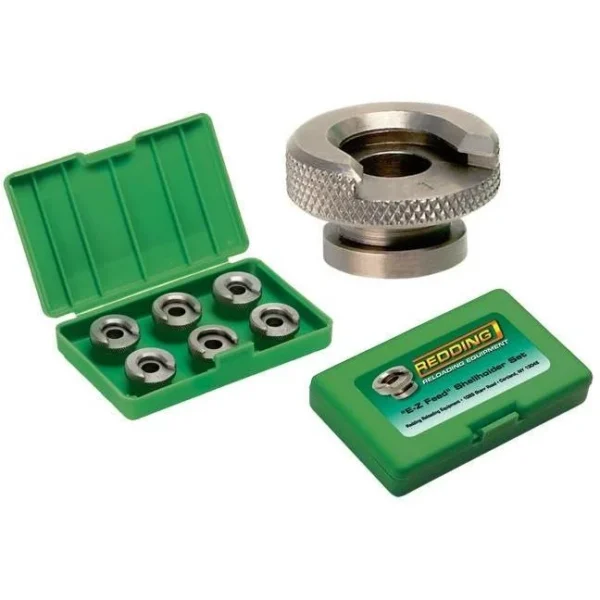 Redding E-Z Feed Shell Holder Set, metal holders in open green case with adapter