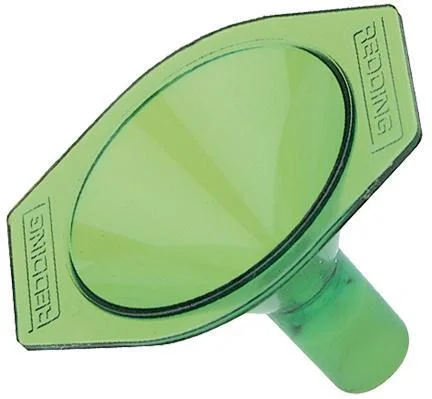 Redding Powder Funnel, angled top view of translucent green funnel with wide oval mouth