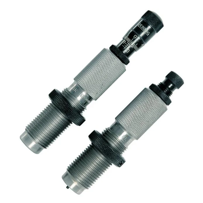 primary-33811 Redding Premium Series Full Length 2-Die Set, two silver and black threaded dies in angled view