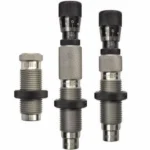 Redding Competition Bushing Neck 3-Die Set, three silver dies upright with black adjustment knobs