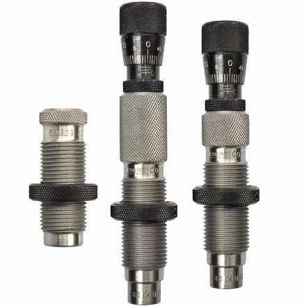 Redding Competition Bushing Neck 3-Die Set, three silver dies upright with black adjustment knobs