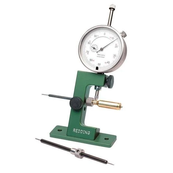 Redding Case Neck Gauge, front view with white dial, green stand and measuring rods