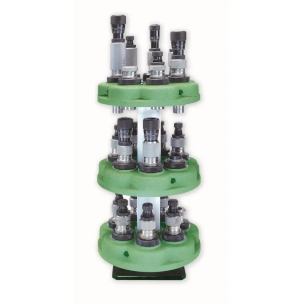 Redding Turret Stacker, three green circular tiers holding multiple silver reloading dies