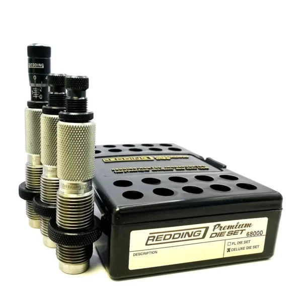 Redding 30 Nosler Premium Series Deluxe 3-Die Set with three dies and black storage box