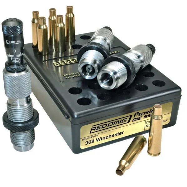 Redding Premium Series Deluxe 3-Die Set, three silver dies in black case with brass cases