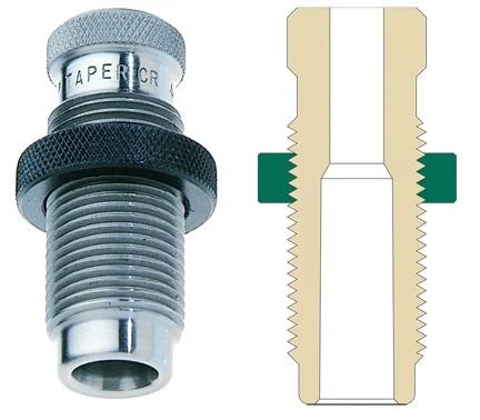 Redding Body Die silver die, front view beside a cutaway diagram